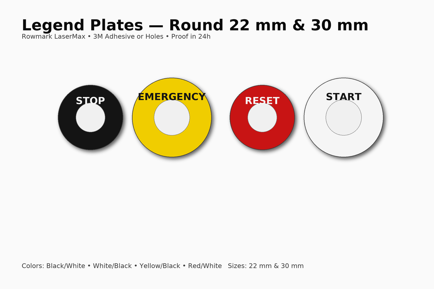 Legend Plates — Round 22 mm & 30 mm (Lamacoid) — Proof in 24h, Ships in 3 Days