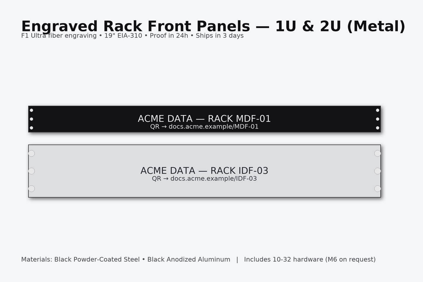Engraved Rack Front Panels — 1U & 2U Metal — Proof in 24h, Ships in 3 Days